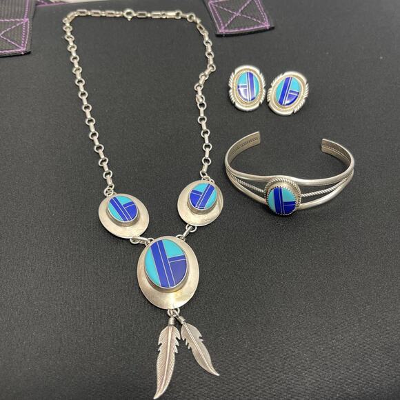 Navajo Turquoise Sterling Earrings Necklace Bracelet McCray JM Lapis Silver Set - Picture 12 of 12
